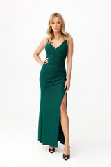 Long open back strapless brocade fabric evening dress