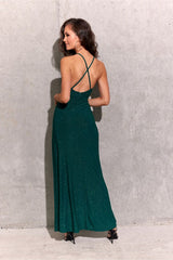 Long open back strapless brocade fabric evening dress