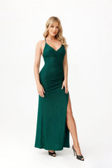 Long open back strapless brocade fabric evening dress