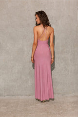 Long open back strapless brocade fabric evening dress