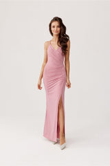 Long open back strapless brocade fabric evening dress