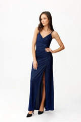 Long open back strapless brocade fabric evening dress