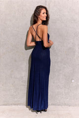 Long open back strapless brocade fabric evening dress