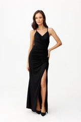 Long open back strapless brocade fabric evening dress