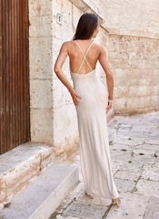 Long open back strapless brocade fabric evening dress