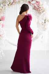 Fitted long evening dress with a rose on the shoulder