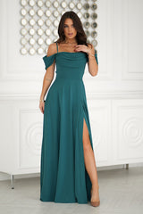 Drooping shoulder straps striking slit formal dress