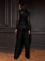 Long sleeves black sequin embroidered formal jumpsuit