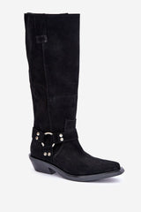 Stylish black natural suede knee-high Cowboy boots