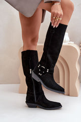 Stylish black natural suede knee-high Cowboy boots