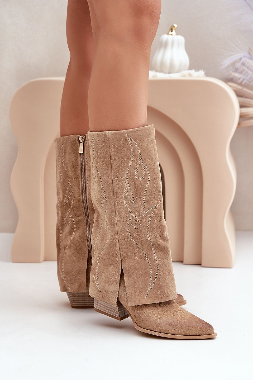 Natural suede mid-calf-length heel boots