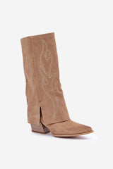 Natural suede mid-calf-length heel boots