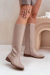 Women's natural leather beige heel boots