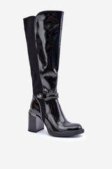 Stylish patent eco leather knee-high heel boots