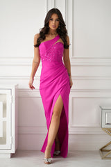 Stylish violet sequin neck slit evening dress