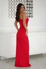 One shoulder stylish sequin neck side slit red evening dress