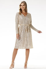 Long sleeves sequin trapeze cut evening dress