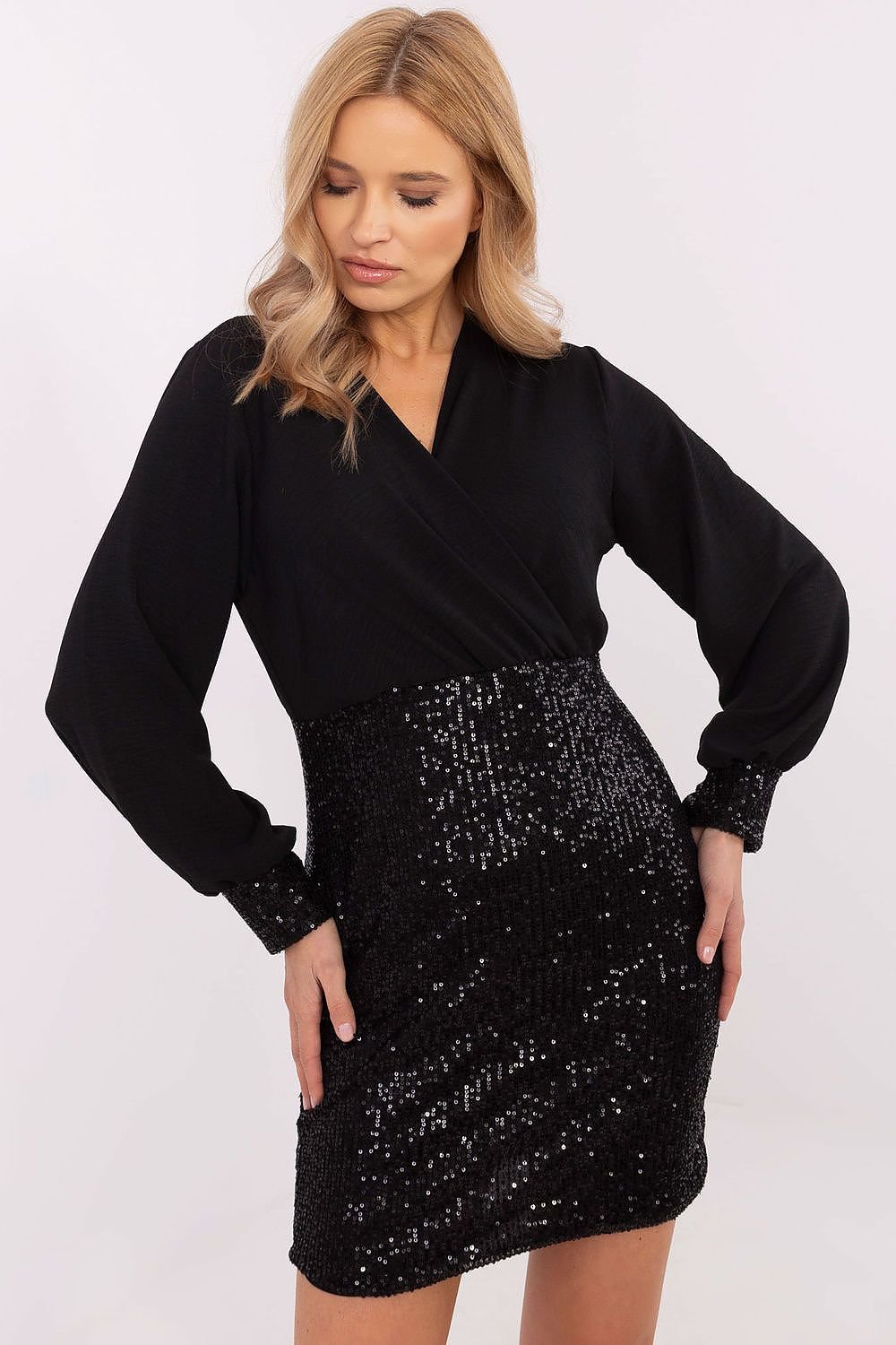 Elegant long puffy sleeves knee-length sequin pencil dress