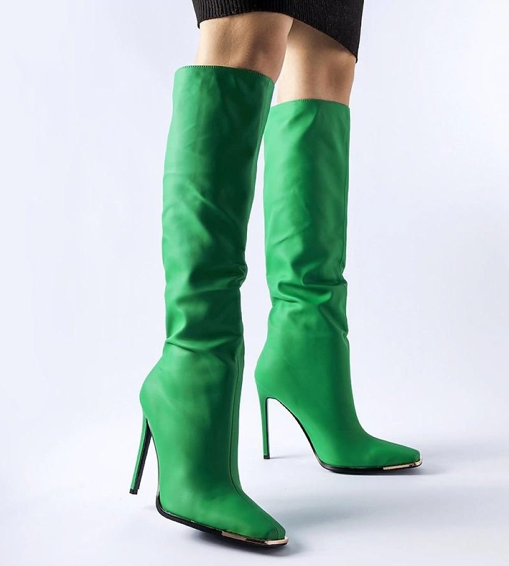 Green high-heeled knee-high boots