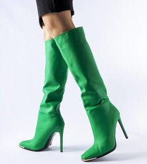 Green high-heeled knee-high boots