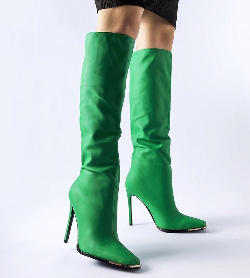 Green knee high-heeled boots