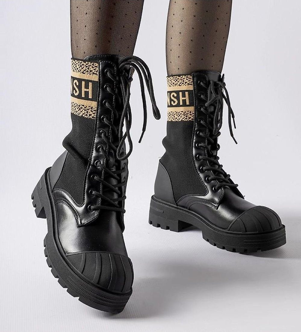 Black inscription lace-up sock boots