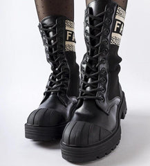 Black white inscription sock boots