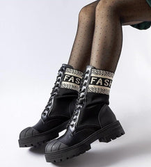 Black white inscription sock boots