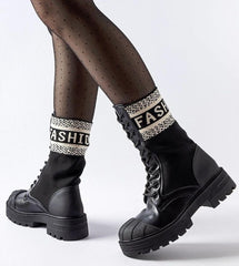 Black white inscription sock boots