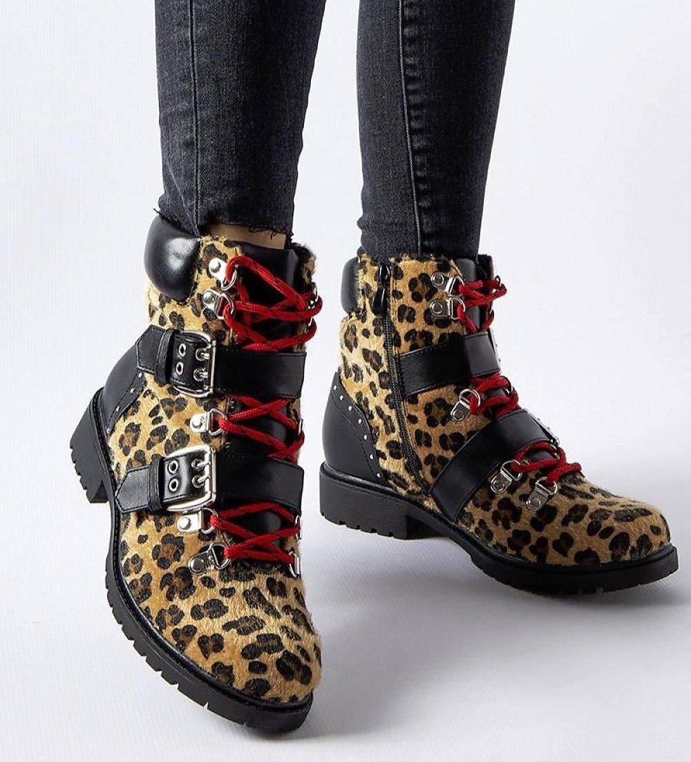 Black and beige panther print ankle boots