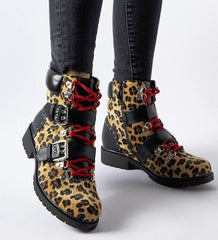 Black and beige panther print ankle boots