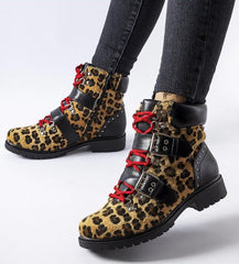 Black and beige panther print ankle boots