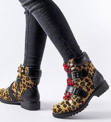 Black and beige panther print ankle boots