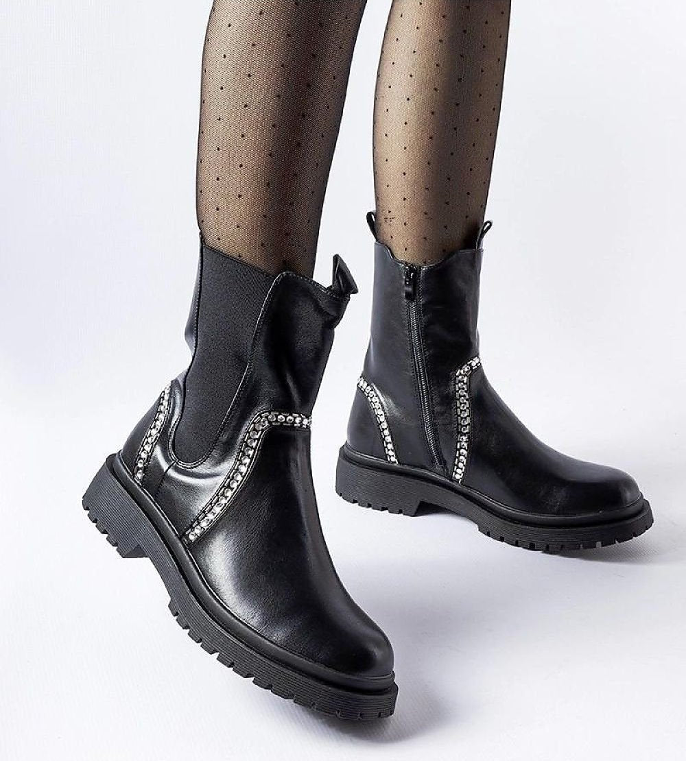 Black ankle boots with zircons on sides