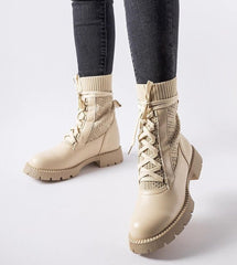 Beige lace-up high ankle boots