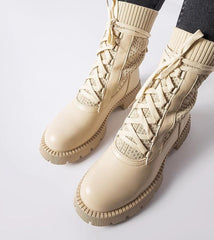 Beige lace-up high ankle boots