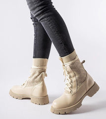 Beige lace-up high ankle boots