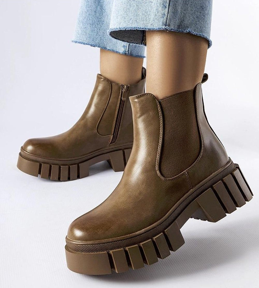 Brown round toe platform ankle boots