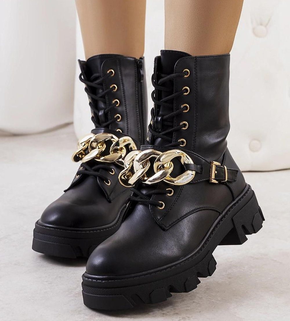 Black Traperki thick gold chain ankle boots