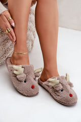 Charming fur slippers with a reindeer motif