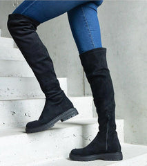 Brown thigh-high flat sole boots