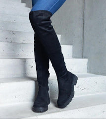 Brown thigh-high flat sole boots