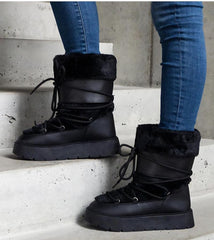 Black fur insulated lace-up snow boots