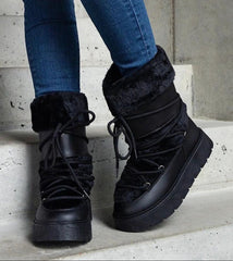 Black fur insulated lace-up snow boots