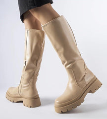 Beige flat classic knee-high boots