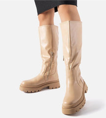 Beige flat classic knee-high boots