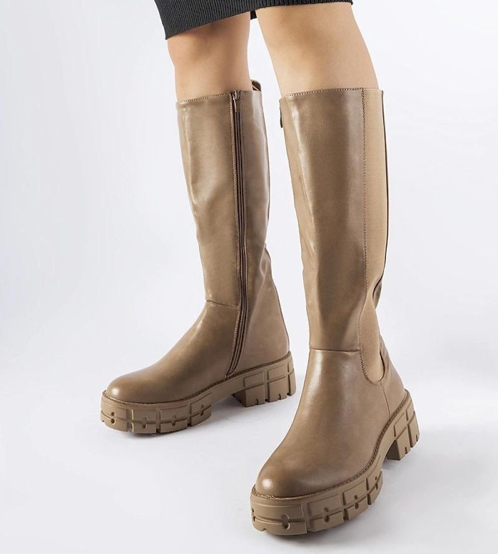 Brown insulated thigh high flat boots