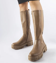 Brown insulated thigh high flat boots