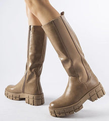 Brown insulated thigh high flat boots