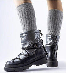 Black and gray drawstring snow boots